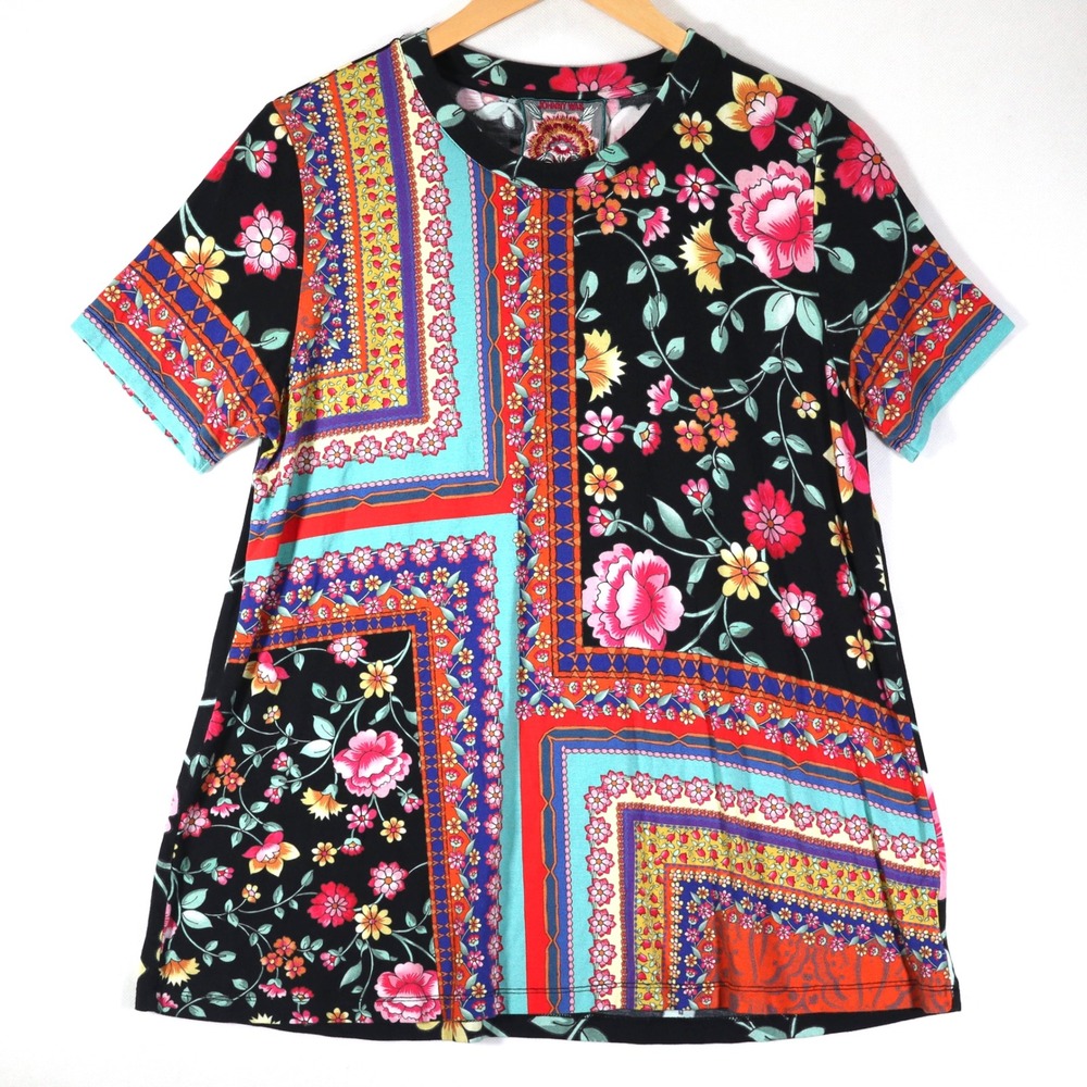 Johnny Was Womens Top Medium Black Floral Patchwork Short Sleeve Boho Blouse Tee